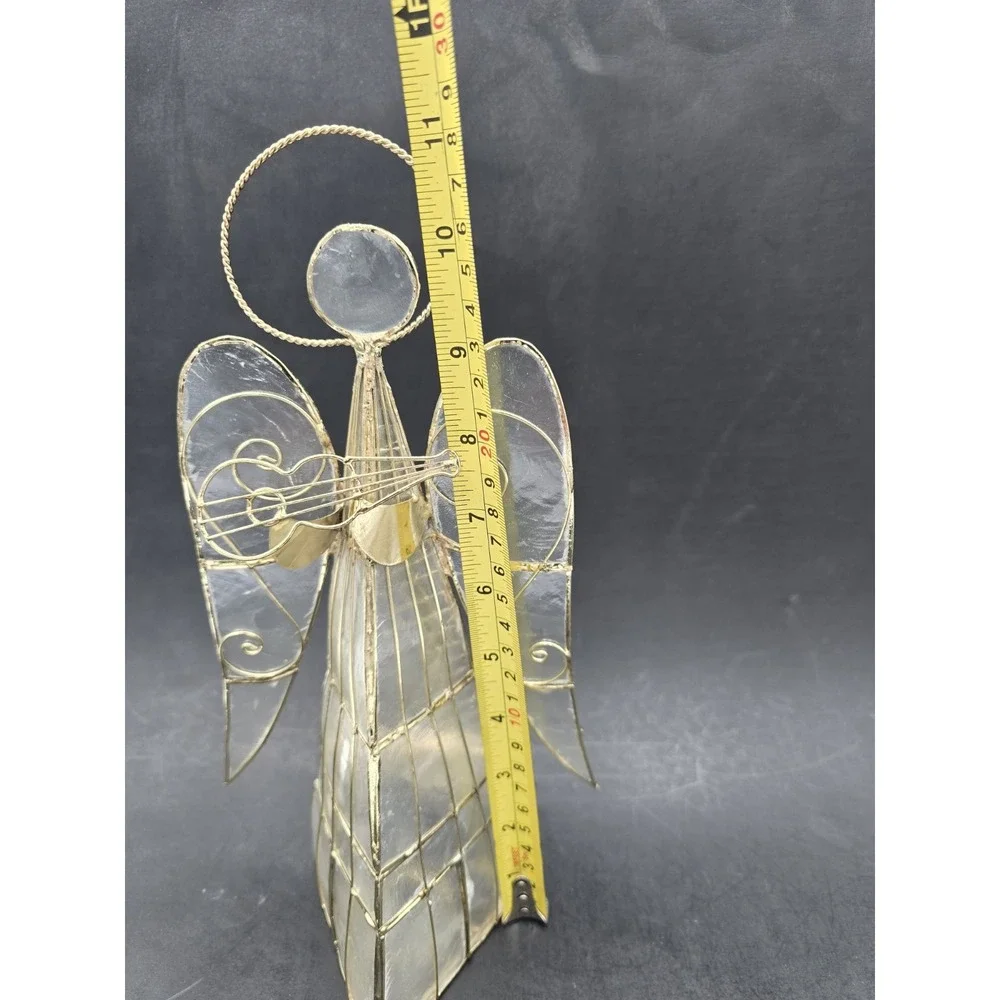 Capiz Shell Angel Tea Light Candle Holder Set Of 3 Gold Tone Wire Harp Book